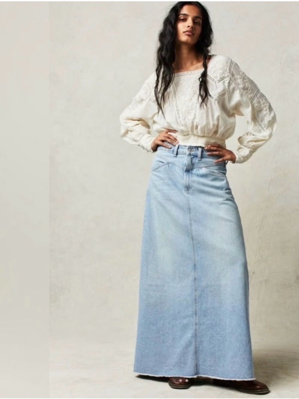 Free People Light wash Come As You Are Denim Maxi Skirt 2 XS EUC